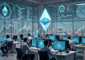 Un laboratorio con investigadores, gráficos, símbolos financieros y el logo de la red Ethereum.