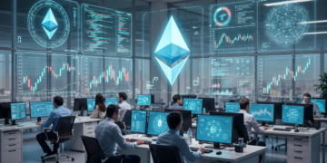 Un laboratorio con investigadores, gráficos, símbolos financieros y el logo de la red Ethereum.