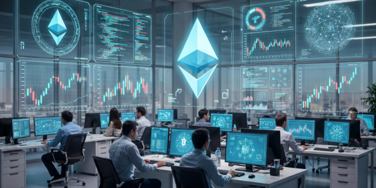 Un laboratorio con investigadores, gráficos, símbolos financieros y el logo de la red Ethereum.