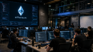 Un centro de computación con desarrolladores y programadores del ecosistema Ethereum.