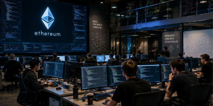 Un centro de computación con desarrolladores y programadores del ecosistema Ethereum.