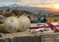 Una moneda de USDT se muestra junto con una de GELT, se aprecia una bandera de Georgia y al fondo una panorámica del país.