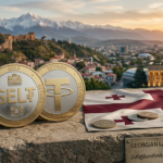 Una moneda de USDT se muestra junto con una de GELT, se aprecia una bandera de Georgia y al fondo una panorámica del país.