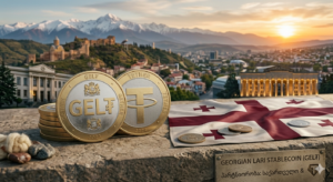 Una moneda de USDT se muestra junto con una de GELT, se aprecia una bandera de Georgia y al fondo una panorámica del país.