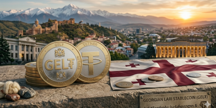 Una moneda de USDT se muestra junto con una de GELT, se aprecia una bandera de Georgia y al fondo una panorámica del país.