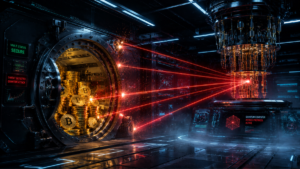 Reservas de BTC en una bóveda junto a una computadora cuántica.