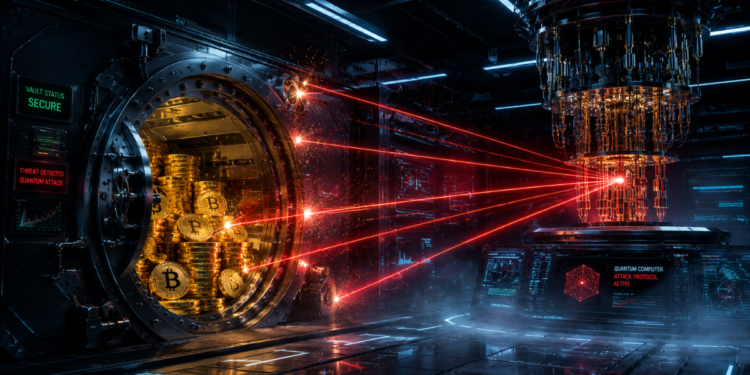 Reservas de BTC en una bóveda junto a una computadora cuántica.