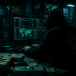 Un atacante cibernético operando con computadoras.
