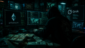Un atacante cibernético operando con computadoras.