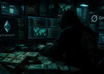 Un atacante cibernético operando con computadoras.