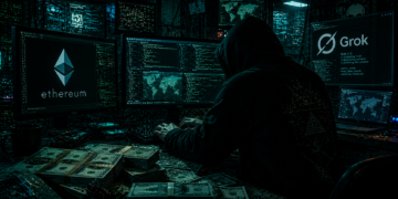 Un atacante cibernético operando con computadoras.