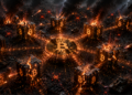 Bloques de la red Bitcoin con quebraduras y fuego.