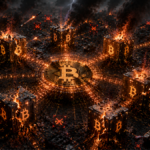 Bloques de la red Bitcoin con quebraduras y fuego.