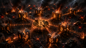 Bloques de la red Bitcoin con quebraduras y fuego.
