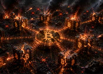 Bloques de la red Bitcoin con quebraduras y fuego.