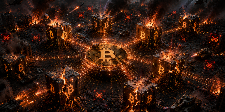 Bloques de la red Bitcoin con quebraduras y fuego.