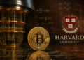 Una moneda de Bitcoin junto al logo de la Universidad de Harvard y a una computadora cuántica.