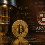 Una moneda de Bitcoin junto al logo de la Universidad de Harvard y a una computadora cuántica.