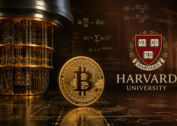 Una moneda de Bitcoin junto al logo de la Universidad de Harvard y a una computadora cuántica.