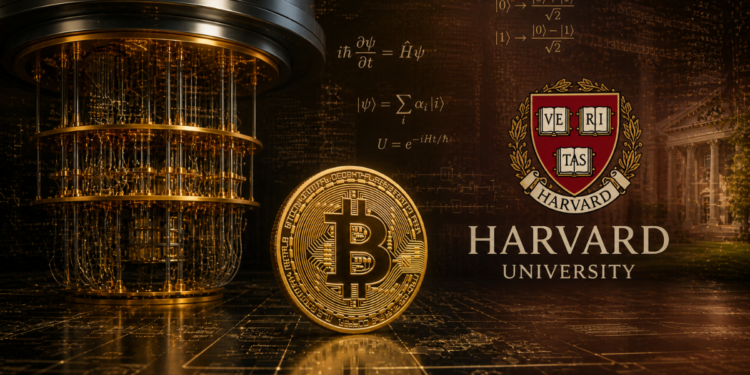 Una moneda de Bitcoin junto al logo de la Universidad de Harvard y a una computadora cuántica.