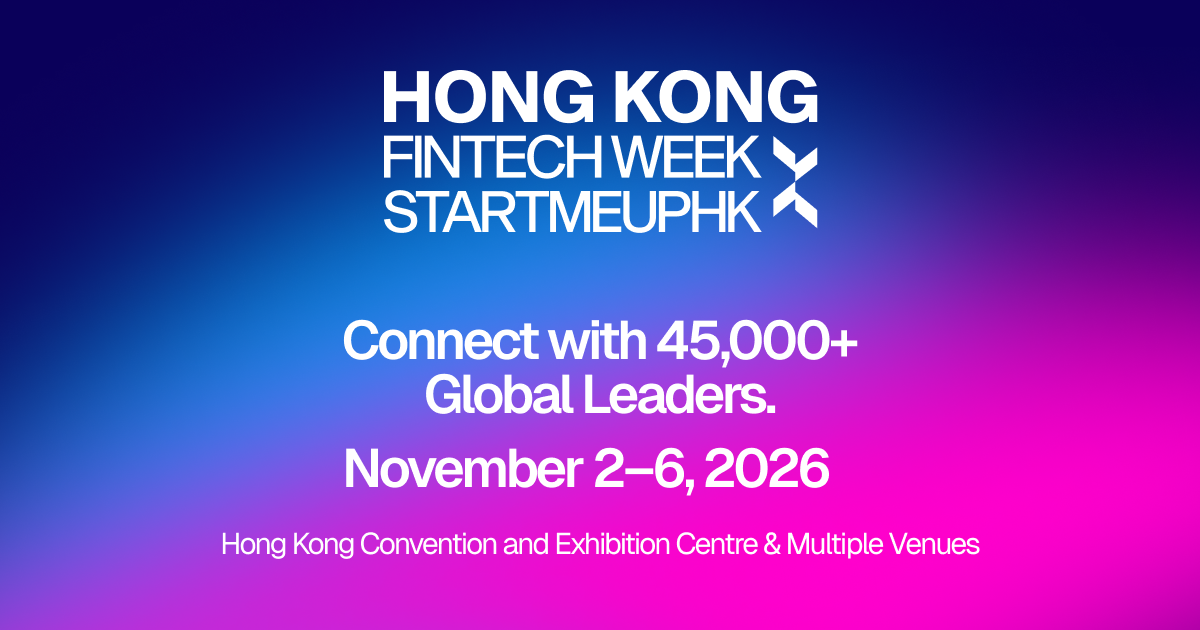 Banner de "Hong Kong FinTech Week 2026" con texto blanco sobre un fondo degradado azul y magenta.