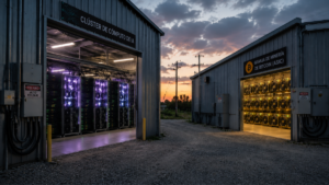 Dos galpones, uno con equipos de IA, otro con ASIC de Bitcoin.