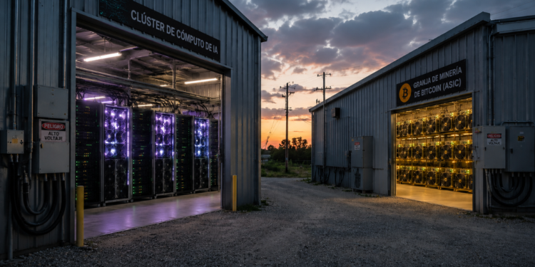 Dos galpones, uno con equipos de IA, otro con ASIC de Bitcoin.