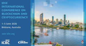 Banner de **IEEE ICBC 2026** sobre blockchain en Brisbane, Australia, del 1 al 5 de junio.