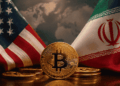 Bandera de Estados Unidos y Bandera de Irรกn, con BTC en el medio.