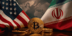 Bandera de Estados Unidos y Bandera de Irán, con BTC en el medio.