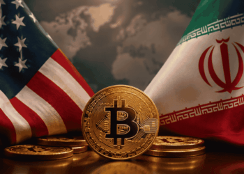 Bandera de Estados Unidos y Bandera de Irán, con BTC en el medio.