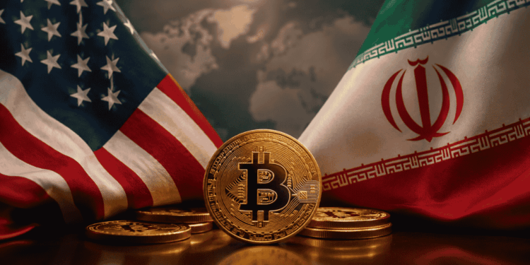 Bandera de Estados Unidos y Bandera de Irán, con BTC en el medio.