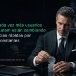 Banner de IUX, traders de Latam cambian su mentalidad, a la derecha un hombre de traje en su oficina, apilando monedas de Bitcoin