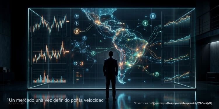 Investor observes map of Latin America with cryptocurrency graphics, highlighting the crypto market in Latam and trading opportunity consistent with IUX.