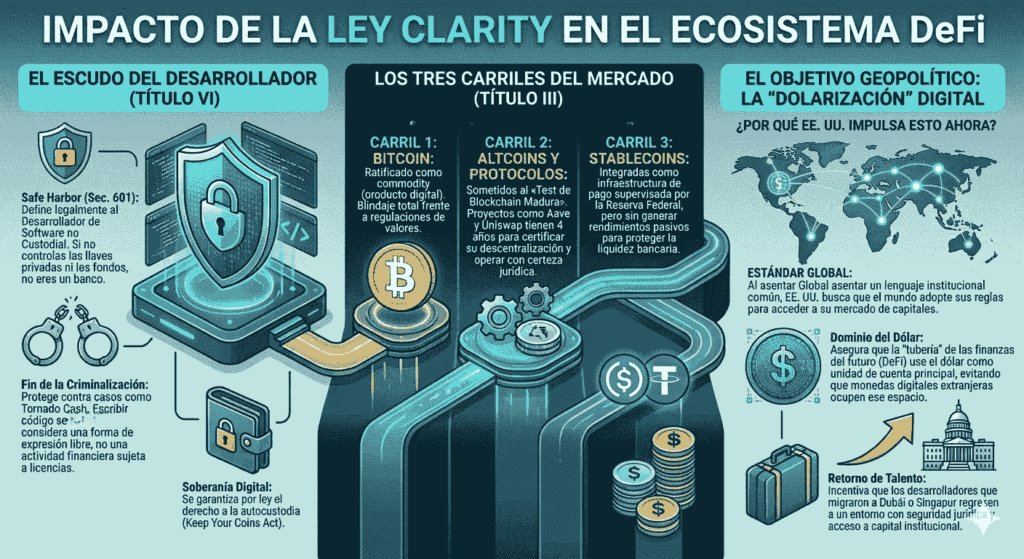 Infografía sobre el Impacto de la Ley Clarity en el ecosistema DeFi. Muestra tres pilares: El Escudo del Desarrollador (Título VI) sobre protección legal; Los Tres Carriles del Mercado (Título III) categorizando Bitcoin, Altcoins y Stablecoins; y el Objetivo Geopolítico de la Dolarización Digital como estándar global.