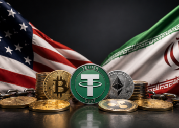Bandera de Estados Unidos, bandera de Irán, criptomonedas.