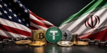 Bandera de Estados Unidos, bandera de Irán, criptomonedas.
