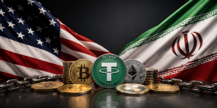 Bandera de Estados Unidos, bandera de Irán, criptomonedas.