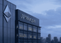 Edificio de JPMorgan con logo de Ethereum.