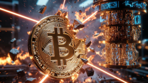 Una moneda de Bitcoin rota por una computadora cuántica.