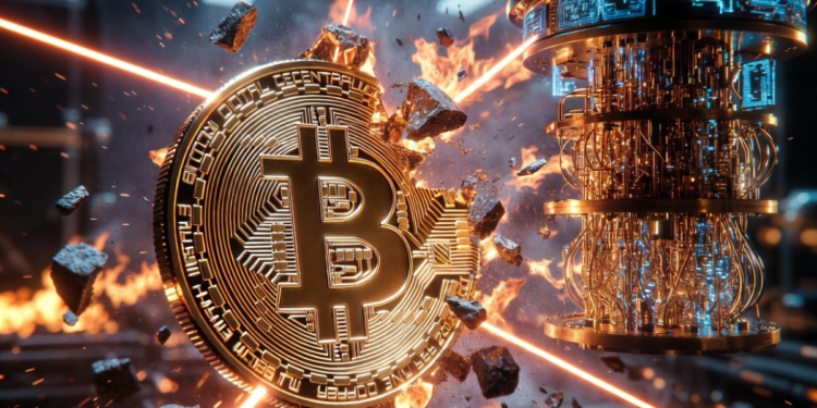 Una moneda de Bitcoin rota por una computadora cuántica.