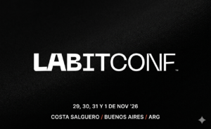 Banner de "LABITCONF 2026" en Buenos Aires sobre fondo negro texturizado en formato horizontal.