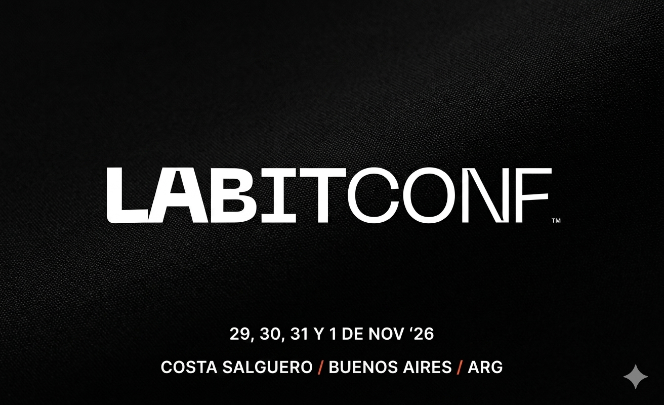 Banner de "LABITCONF 2026" en Buenos Aires sobre fondo negro texturizado en formato horizontal.