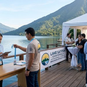 Registro de asistentes en la conferencia Lake Satoshi, frente a un lago con montañas.