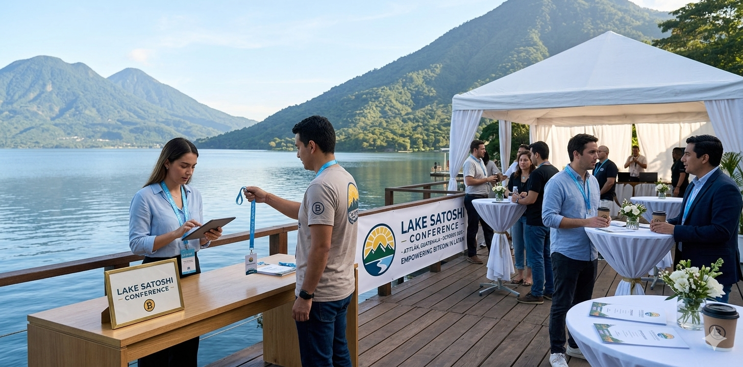 Registro de asistentes en la conferencia Lake Satoshi, frente a un lago con montañas.