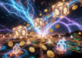 Bloques de la red Bitcoin siendo procesados junto con monedas de BTC.