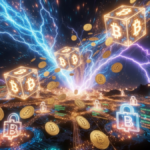 Bloques de la red Bitcoin siendo procesados junto con monedas de BTC.