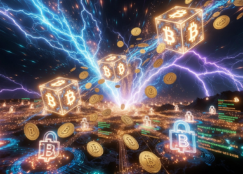Bloques de la red Bitcoin siendo procesados junto con monedas de BTC.