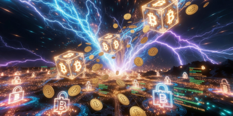Bloques de la red Bitcoin siendo procesados junto con monedas de BTC.