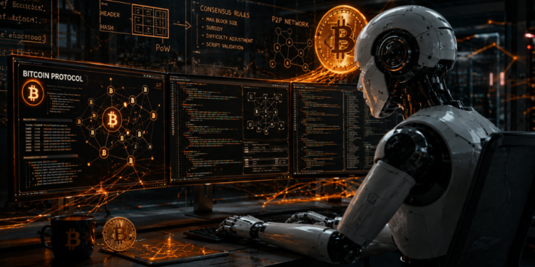 Un robot de IA revisando el código de Bitcoin.